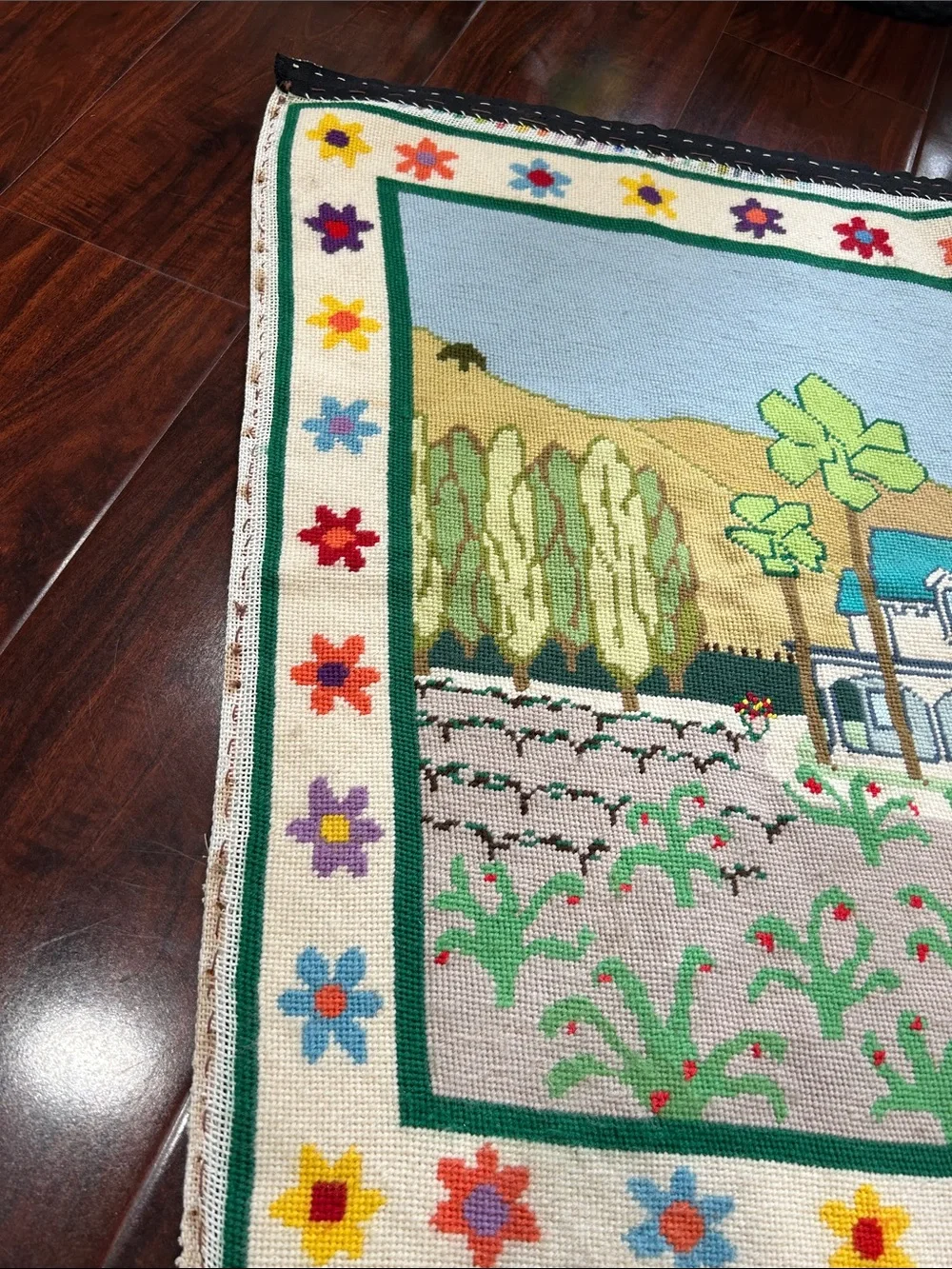 Vintage Handcrafted Needlepoint Tapestry – Country Estate & Garden Scene